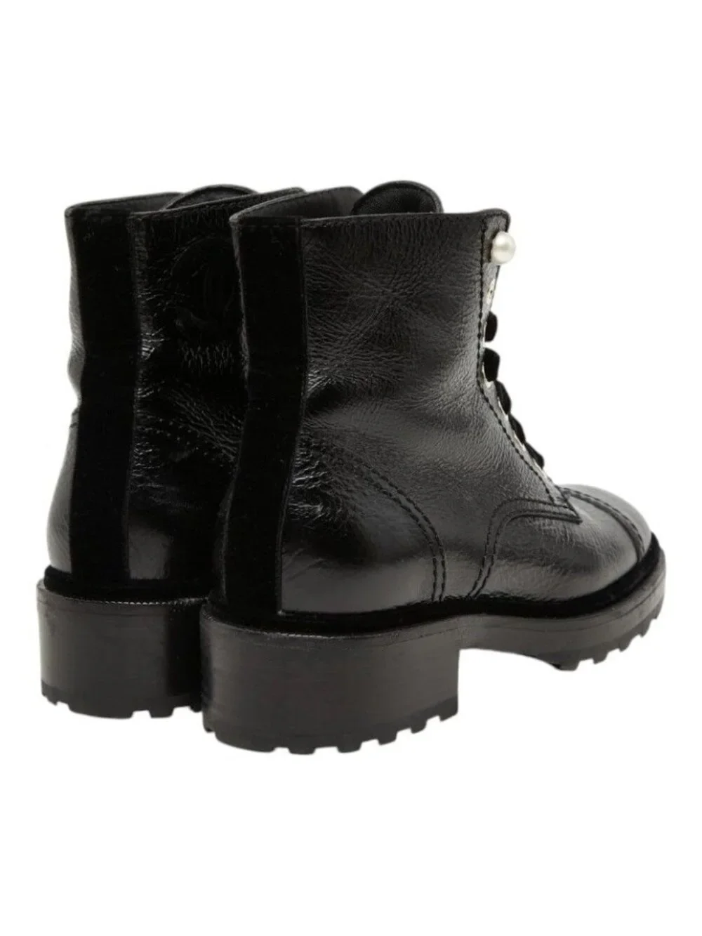 Chanel CC Logo Lace Up Short Boots 38 Black Leather Velour Faux Pearl